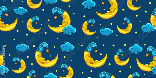 Goodnight seamless background. Fairytale plot of wallpaper with a seamless pattern a children's bedroom. The cute moon sleeps sweetly in the night sky. Vector illustration