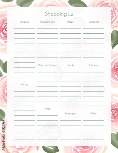 A Shopping List Arranged by Grocery Store Aisles with Pink Rose Background
