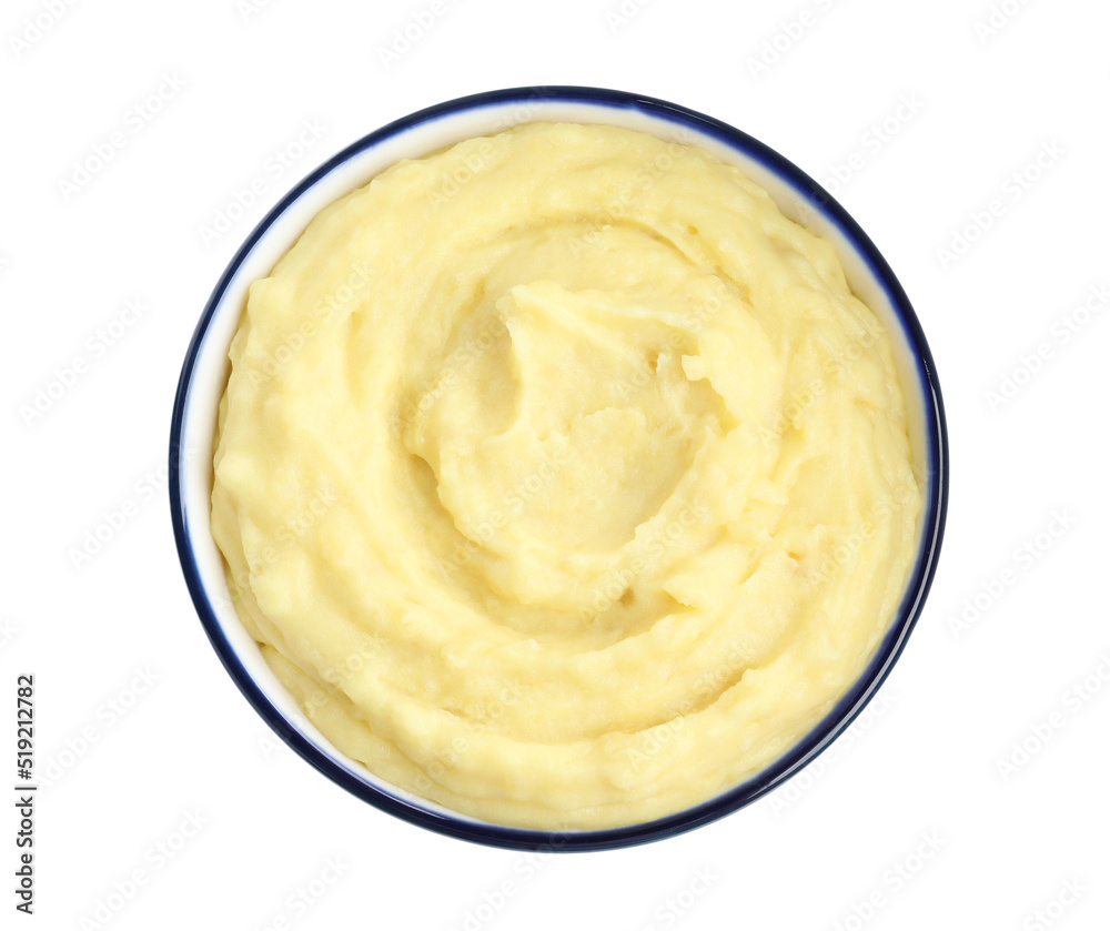 Bowl of tasty mashed potatoes isolated on white, top view Bowl of tasty mashed potatoes isolated on white, top view