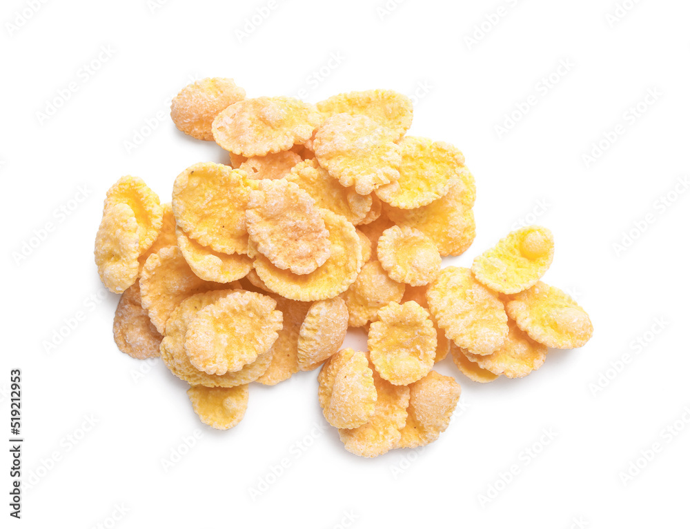 Heap of tasty crispy corn flakes isolated on white, top view Heap of tasty crispy corn flakes isolated on white, top view