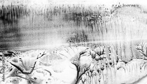 Abstract landscape watercolor hand drawn illustration. Black and white watercolor landscape. Minimalist hand drawn illustration card background poster banner. Hand drawn watercolor black and white