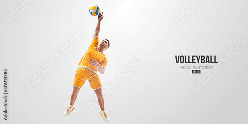 Realistic silhouette of a volleyball player on white background. Volleyball player man hits the ball. Vector illustration