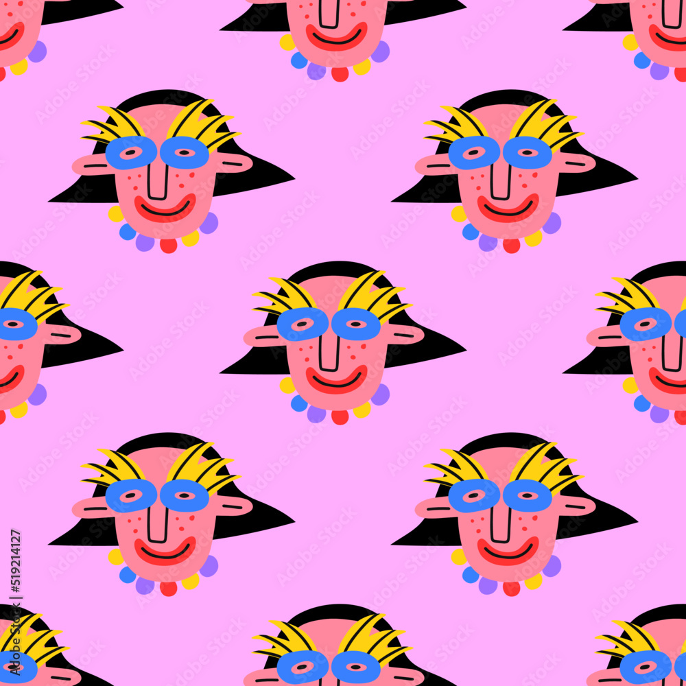 square seamless pattern-1970s psychedelic with carnival quirky dudes. Portraits of non-binary funny people. Funny funky and groovy people-ornament and back.Holiday party festival in mask