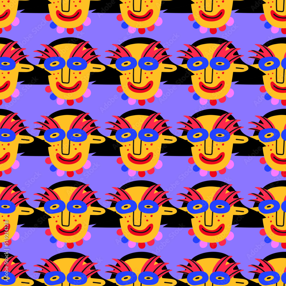 square seamless pattern-1970s psychedelic with carnival quirky dudes. Christmas and new year party.Portraits of non-binary funny people.Funny funky and groovy people.Holiday party festival	