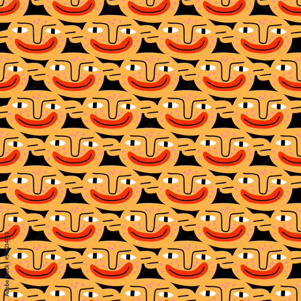 square seamless pattern - 1970s psychedelic with quirky dudes. Portraits of non-binary funny people. Funny funky and groovy people - ornament and background square seamless pattern - 1970s psychedelic with quirky dudes. Portraits of non-binary funny people. Funny funky and groovy people - ornament and background