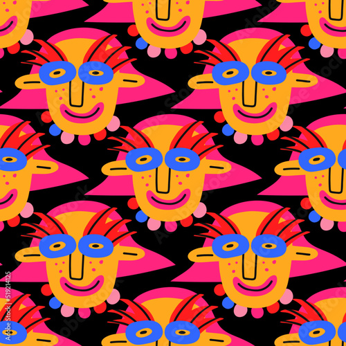 square seamless pattern-1970s psychedelic with carnival quirky dudes. Portraits of non-binary funny people. Funny funky and groovy people-ornament and back.Holiday party festival in mask