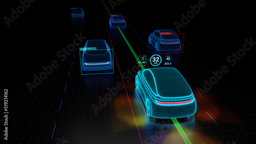 Electric Vehicle with Self-Driving Technology.
Self-Driving Car, Autonomous Vehicle, Driverless Car, Robo-Car, 3D Illustration, 3D Render photo