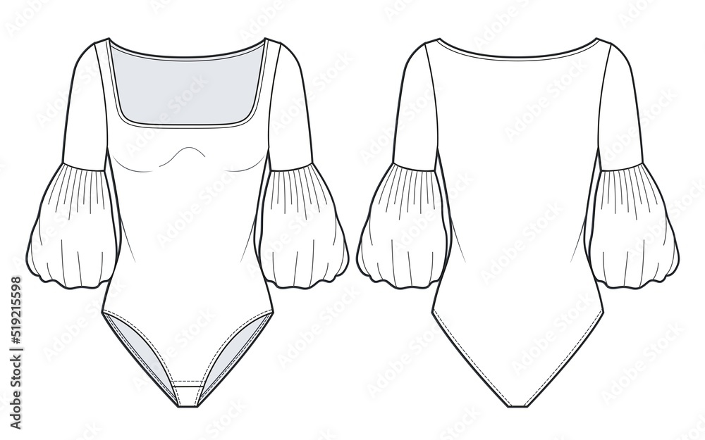 Women's Bodysuit fashion flat technical drawing template. Balloon ...