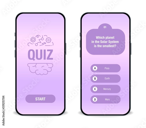 The template of the mobile application interface for the quiz on a purple background. Test, exam, questions and answers for a TV show. Vector illustration of EPS10