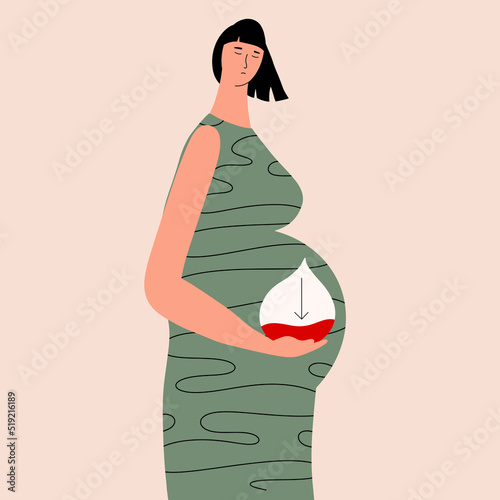 Pregnant woman suffering from anemia concept. Woman with low blood sugar drop. Hypoglycemia. Vector illustrations in flat style