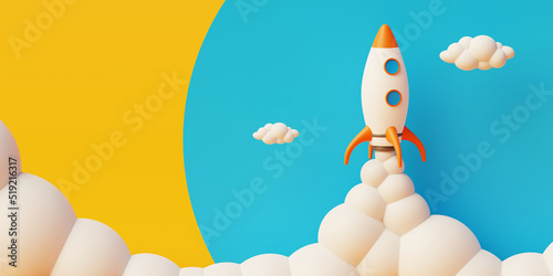 A rocket taking off represents professional and personal success with copy space. 3d rendering with sky blue and orange bicolor background.