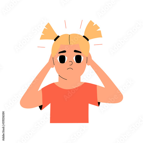 The child is suffering from a headache. Symptom of coronavirus, flu, disease. The girl put her hands on her head. Vector illustration in flat style