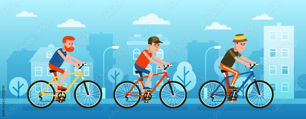 Fototapeta premium Group of cyclists on a city street. Men ride bicycles around the city. Vector illustration.