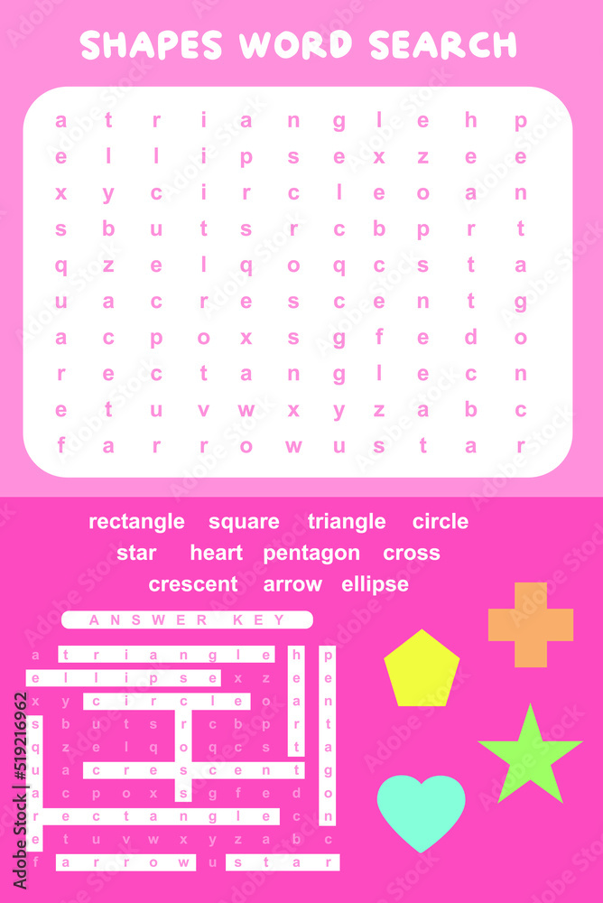 Shapes Word Search worksheet. Educational worksheet for preschool. Vector illustration file.