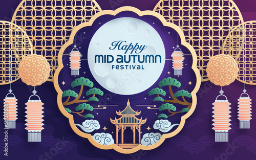 Mid autumn festival paper art style with full moon, moon cake, chinese lantern and rabbits on background.