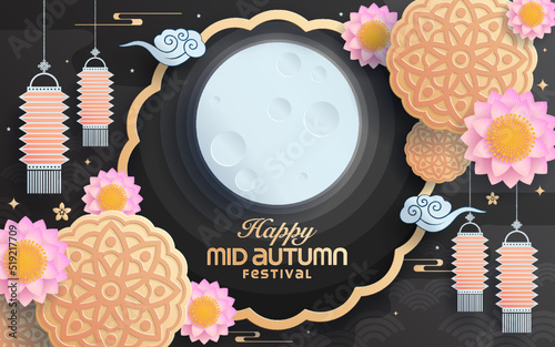 Mid autumn festival paper art style with full moon, moon cake, chinese lantern and rabbits on background.
