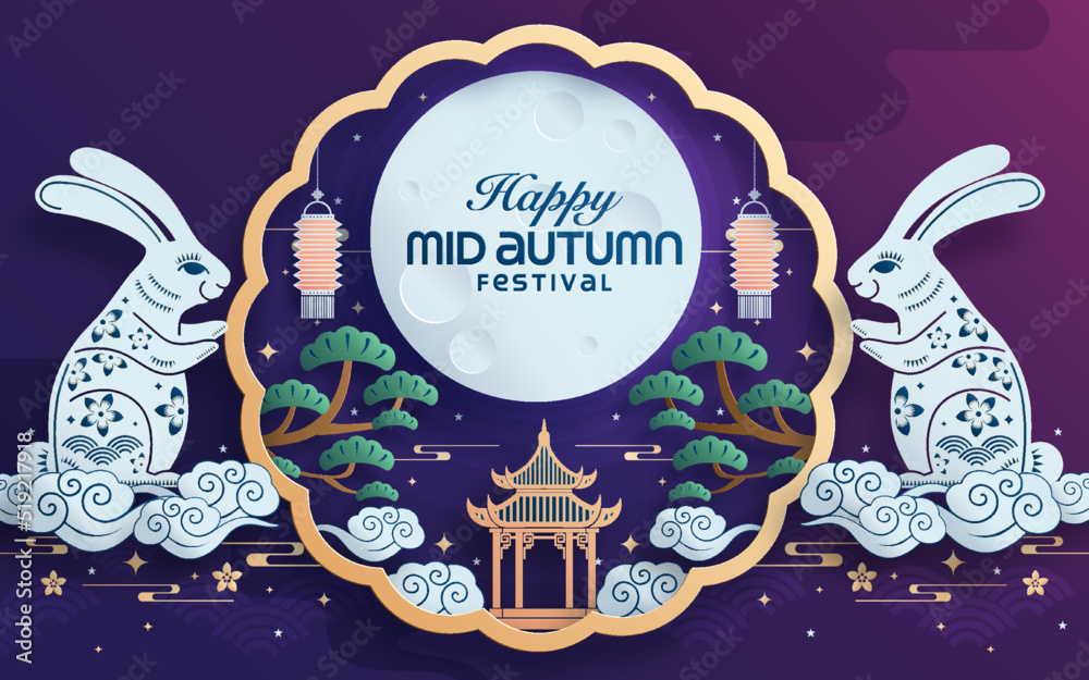 Mid autumn festival paper art style with full moon, moon cake, chinese lantern and rabbits on background. - obrazy, fototapety, plakaty 