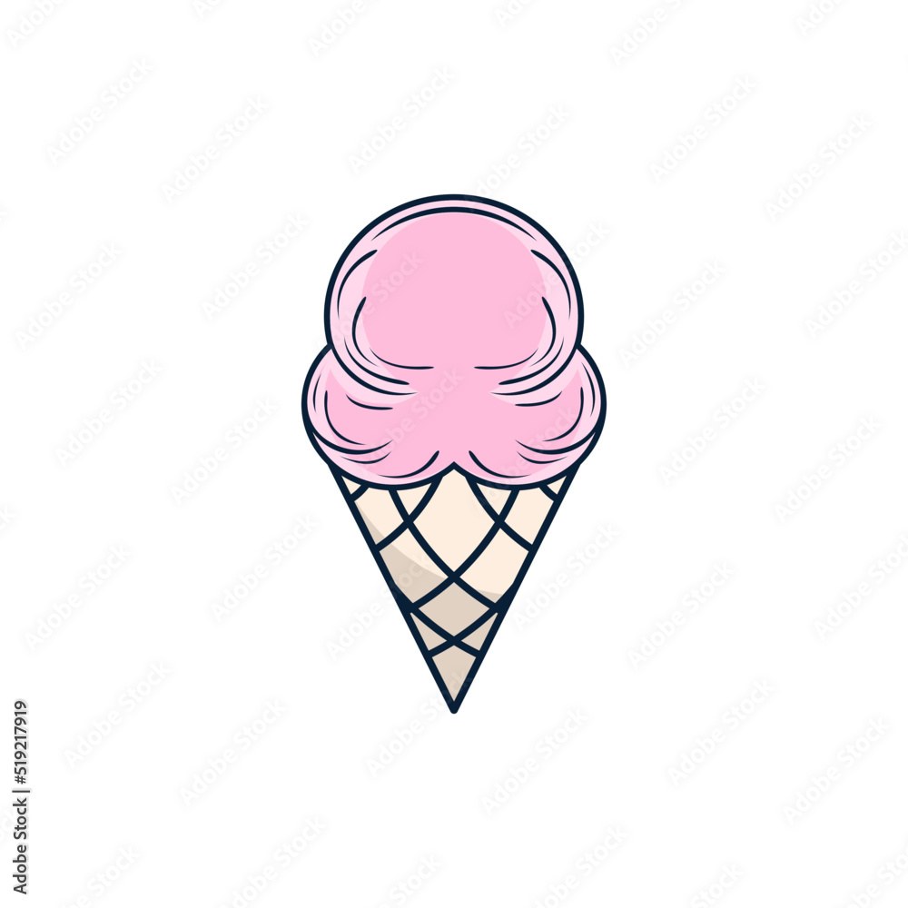 Pink ice cream in the waffle cone. Vector flat outline icon. Cartoon style illustration for sticker and t shirt design. flat logo design Pink ice cream in the waffle cone. Vector flat outline icon. Cartoon style illustration for sticker and t shirt design. flat logo design