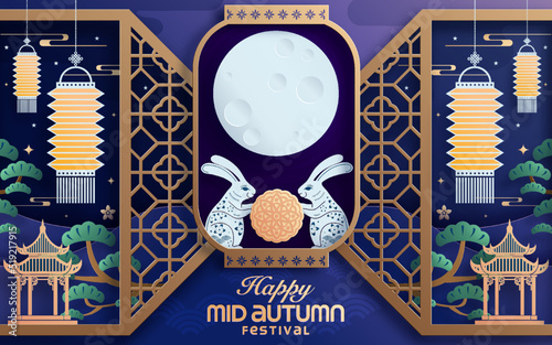Mid autumn festival paper art style with full moon, moon cake, chinese lantern and rabbits on background.