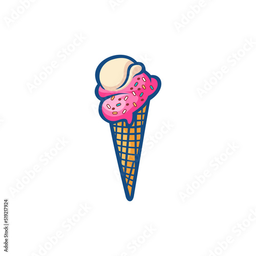 Pink ice cream in the waffle cone. Vector flat outline icon. Cartoon style illustration for sticker and t shirt design. flat logo design