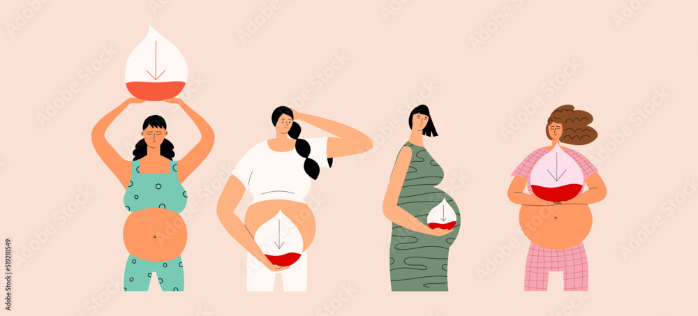 Fototapeta premium Pregnant women suffer from anemia set. Concep hypoglycemia. Girls hug drop blood with a poor sugar indicator. Vector illustration in flat style.