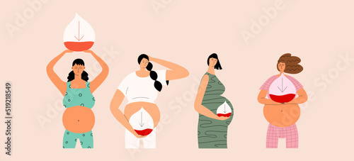 Pregnant women suffer from anemia set. Concep hypoglycemia. Girls hug drop blood with a poor sugar indicator. Vector illustration in flat style.