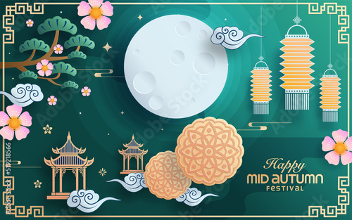 Mid autumn festival paper art style with full moon, moon cake, chinese lantern and rabbits on background.
