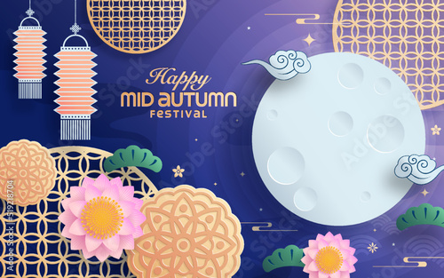 Mid autumn festival paper art style with full moon, moon cake, chinese lantern and rabbits on background.