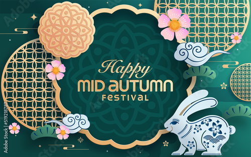 Mid autumn festival paper art style with full moon, moon cake, chinese lantern and rabbits on background.