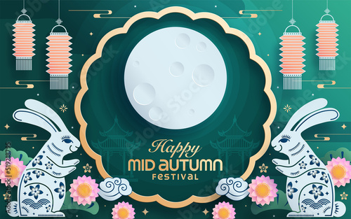Mid autumn festival paper art style with full moon, moon cake, chinese lantern and rabbits on background.