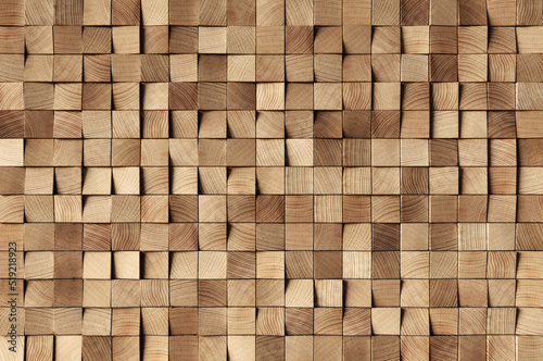 Fototapeta Naklejka Na Ścianę i Meble -  Natural wooden background. Wood blocks. Wall Paneling texture. Wooden squares, tile wallpaper. 3D Rendering