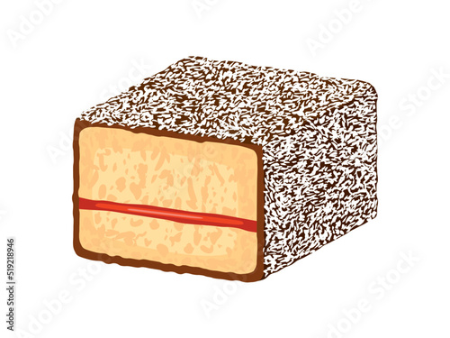Lamington sponge cake with coconut icon vector. Australian chocolate dessert with jam drawing. Lamington cake icon isolated on a white background