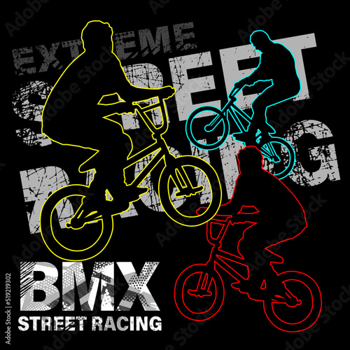 Urban style modern t-shirt  with silhouettes boys on bicycle BMX. Sport extreme style  illustraton for guys.