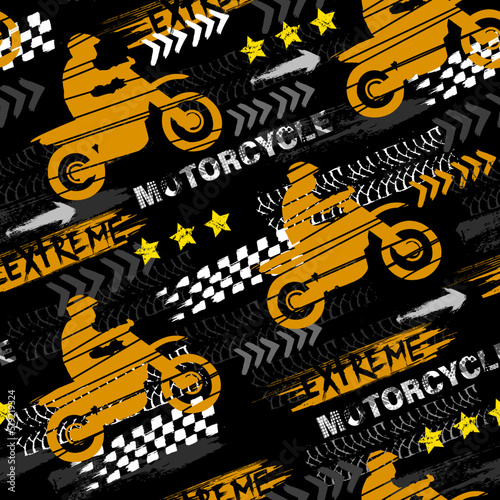 Abstract seamless grunge pattern for boy. Urban style modern background with motorcycles  trace of tire. Drive and speed modern creative wallpaper for guys. Extreme style