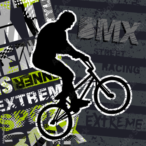 Urban style modern t-shirt  with silhouette boy on bicycle BMX. Sport extreme style  illustraton for guys.