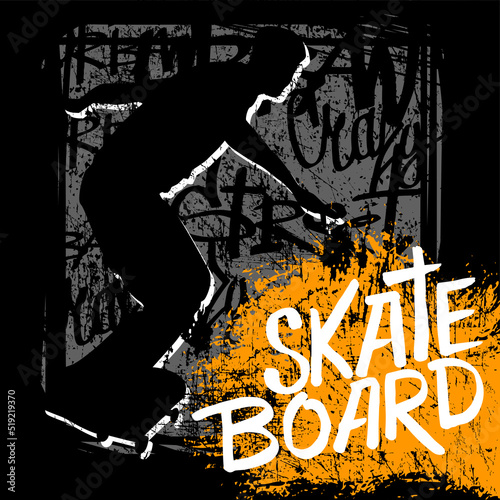 Urban style modern t-shirt  with boy on skateboard. Sport extreme style illustraton for guys.