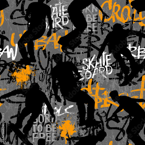 Abstract seamless grunge pattern for guys. Urban style modern background with boy on skateboards. Sport extreme style creative wallpaper