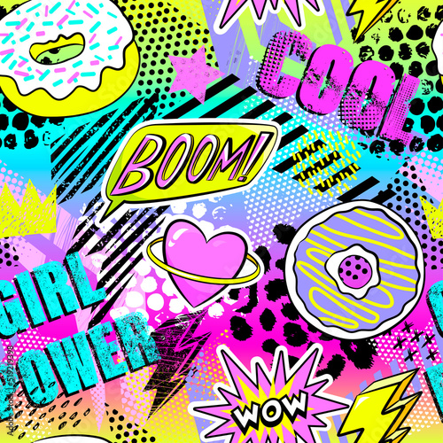 Fashion abstract seamless pattern with patch, stickers, dots and words. Cool background on comics style for teen girl
