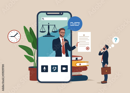 Businessman uses smartphone for consulting with attorney. Online legal advice. Big smartphone, justice and law application.