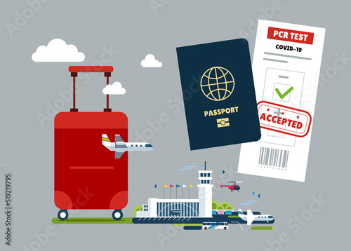 Negative PCR test for coronavirus, luggage and passport with boarding pass tickets. Travel to new requirements. Covid-19 prevention. Health care concept. 