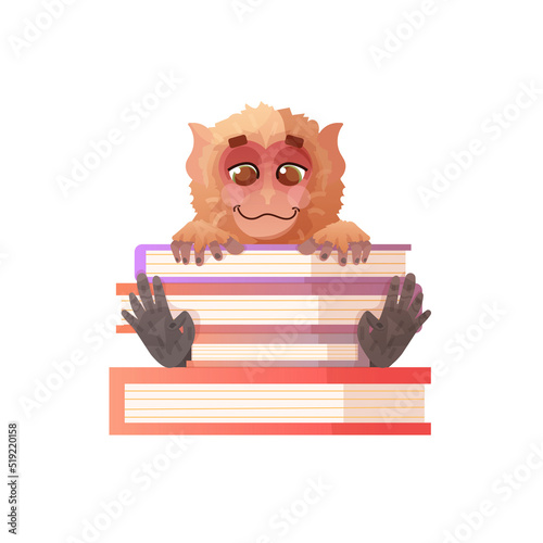 Japanese macaque sitting with books. Cute animal  learn. Back to school. Cartoon style vector illustration