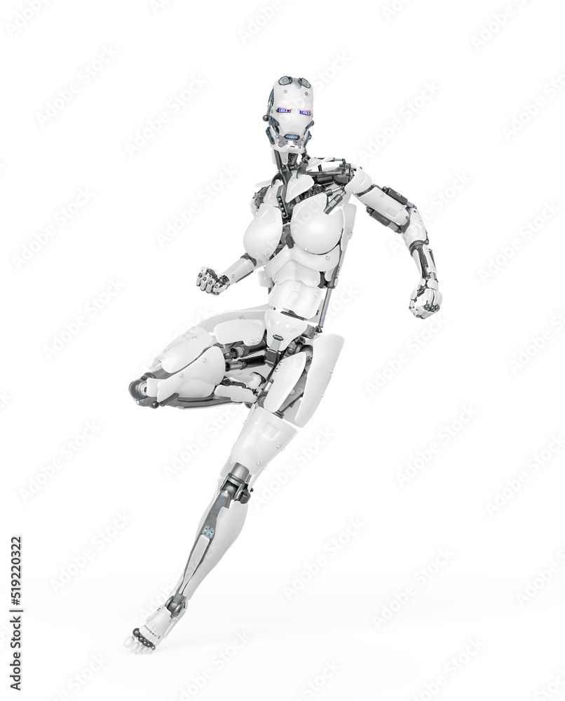 cyborg girl is doing a combat pose on white background