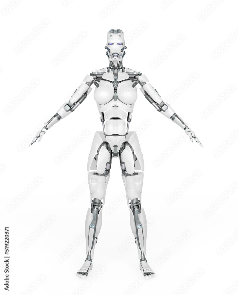 cyborg girl is doing an a pose on white background cyborg girl is doing an a pose on white background