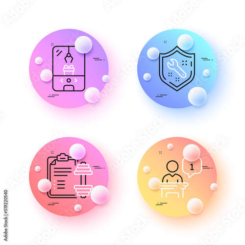 Spanner, Crane claw machine and Dumbbell minimal line icons. 3d spheres or balls buttons. Podium icons. For web, application, printing. Repair service, Attraction park, Training plan. Vector