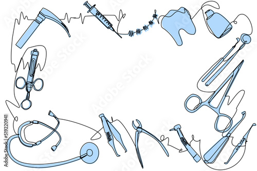Frame of medical instruments in one line style, stethoscope, laryngoscope, braces, three-ring karbul syringe, dental supplies, syringe, dental elevator, anatomic forceps. Color drawing on a white.