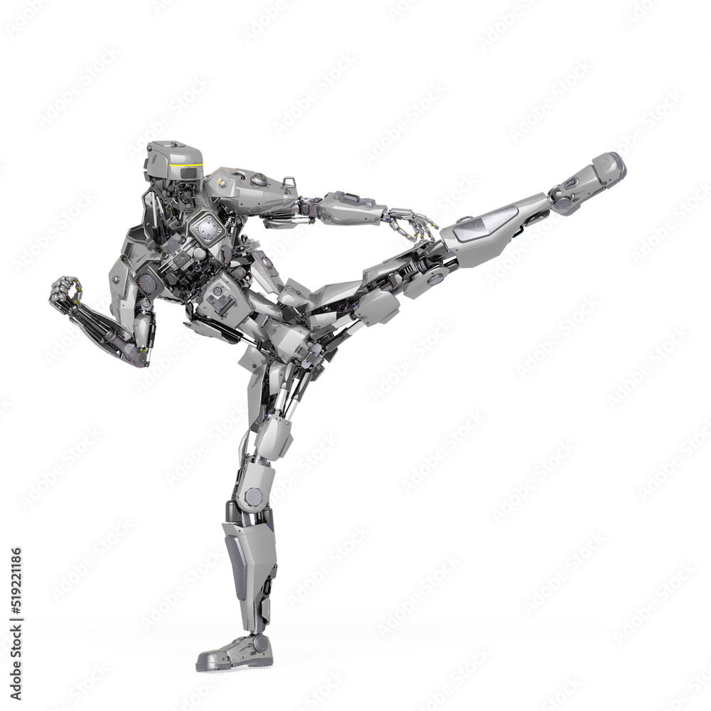 master robot is kicking up in mma style in white background master robot is kicking up in mma style in white background