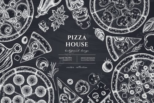 Pizza hand drawn illustration design. Background with chalk greek, margherita, pepperoni, veggie, ham and mushrooms and seafood pizzas.