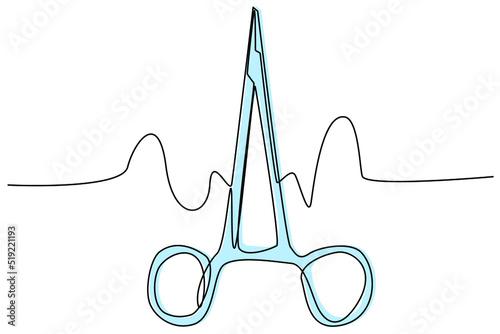  Medical surgical scissors. Drawing with a continuous line, one line on a white background. For textbooks on medicine, surgery, first aid, medical supplies site