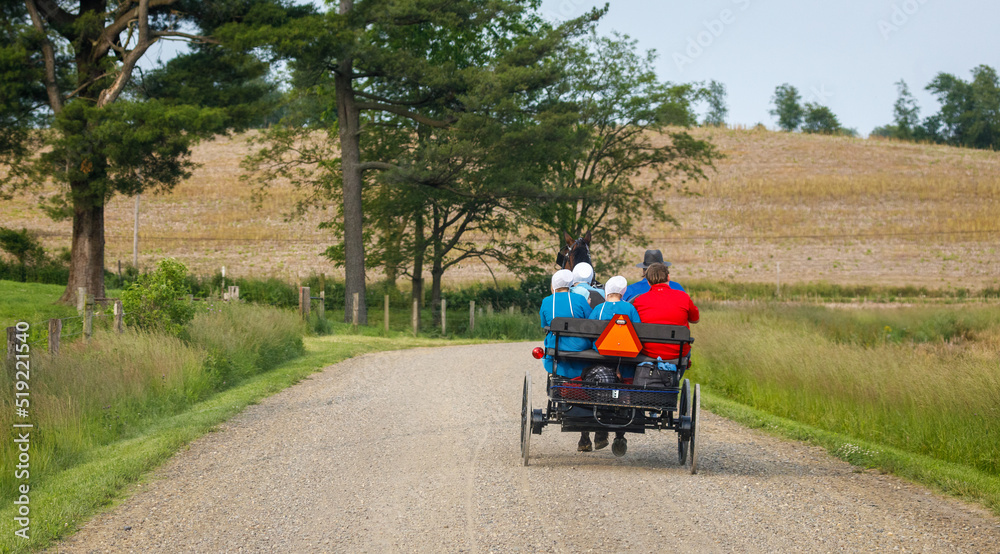 Amish family traveling on a back road in their buggy in Holmes County, Ohio Amish family traveling on a back road in their buggy in Holmes County, Ohio