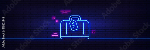 Neon light glow effect. Airport hand baggage reclaim line icon. Airplane luggage sign. Flight checked bag symbol. 3d line neon glow icon. Brick wall banner. Hand baggage outline. Vector